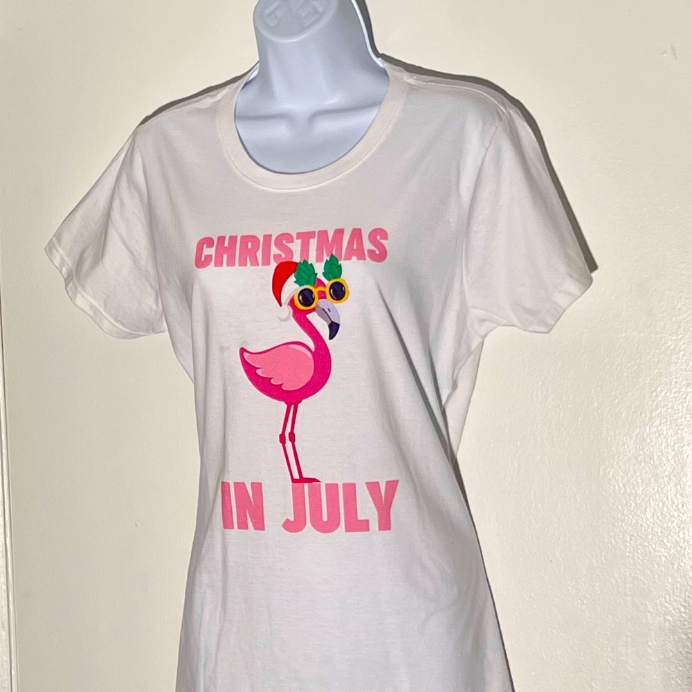 Pink flamingo in Santa hat Christmas in July t-shirt